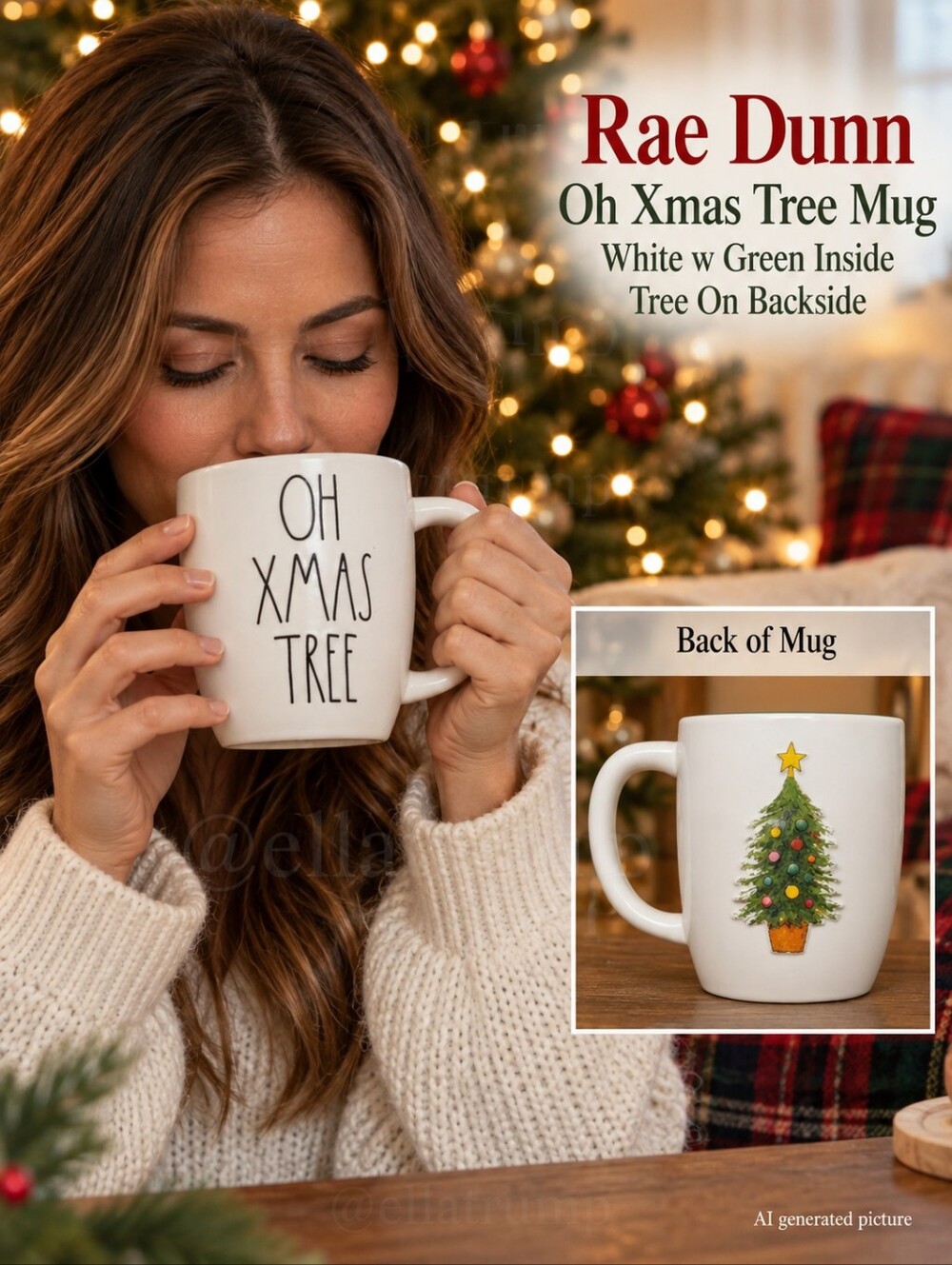 Rae Dunn Oh Xmas Tree Mug White w Green Inside Tree On Backside